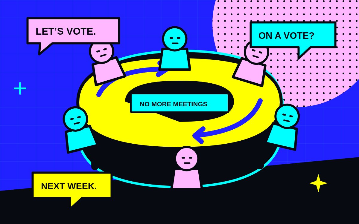 DAO delegates surround a circular table with looping arrows and speech bubbles proposing another vote.