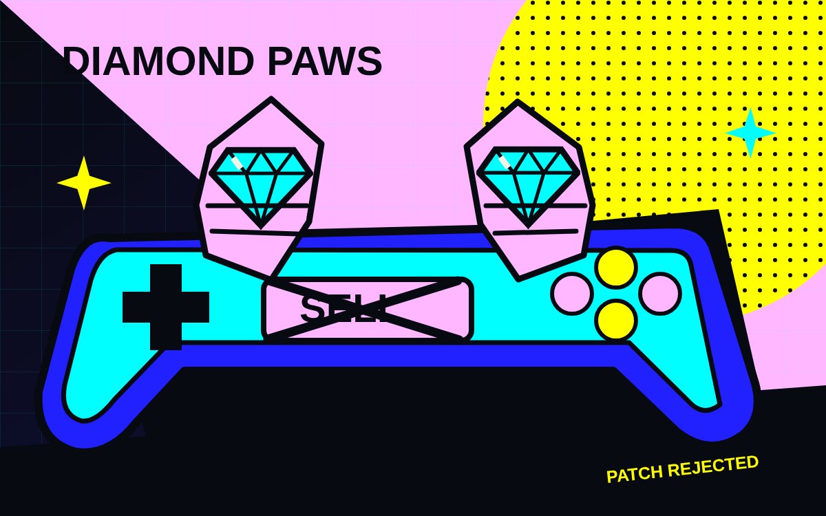 Diamond-encrusted gloves grip a neon controller with its SELL button crossed out.