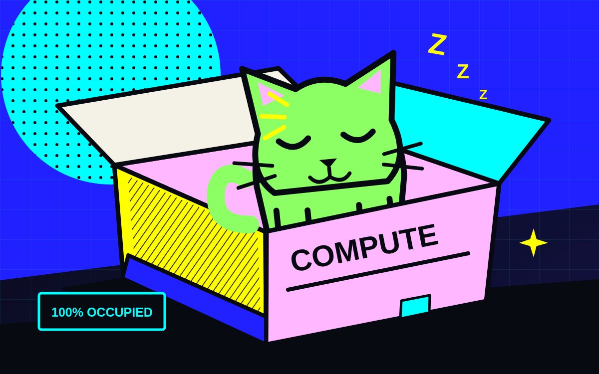 Neon-green NVIDIA Cat sleeping in a pink COMPUTE box against an electric-blue background