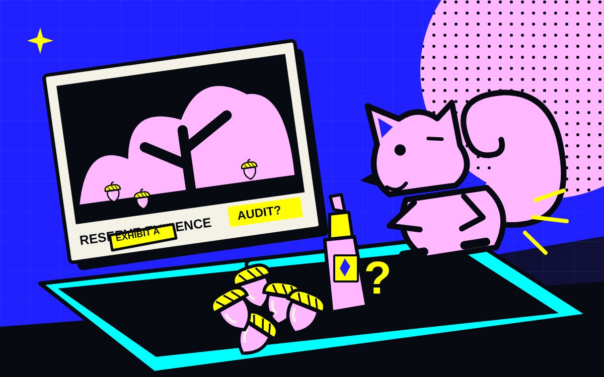 Pink squirrel beside an evidence desk holding acorns, hot sauce and a suspicious reserve photograph of a tree.