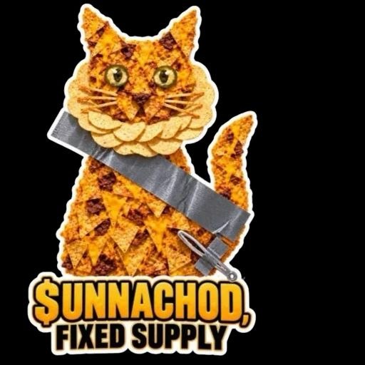 Project artwork of the duct-taped tortilla-chip cat above the words $UNNACHOD and FIXED SUPPLY