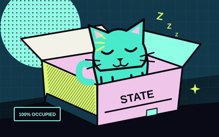 Teal-green Misty sleeping in her pink STATE box against a dark Kaspa-inspired grid